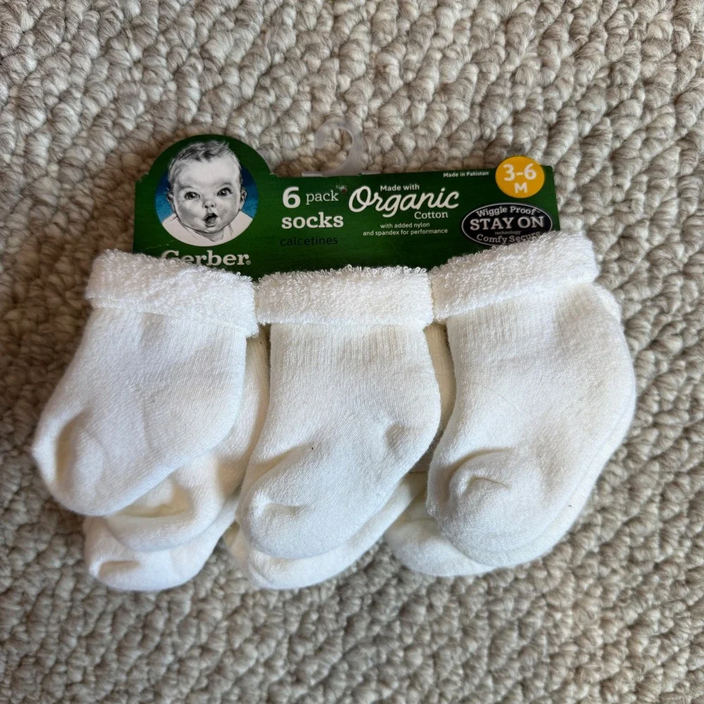 Gerber 6 Pack‎ Organic Cotton Wiggle Proof Baby Socks White Size 3-6 Months